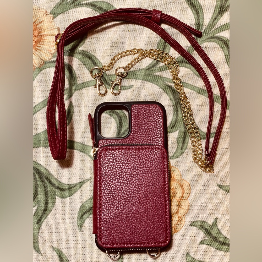 IPhone 12 Pro or 12 Stylish Burgundy Phone Wallet Case with Strap. NWT